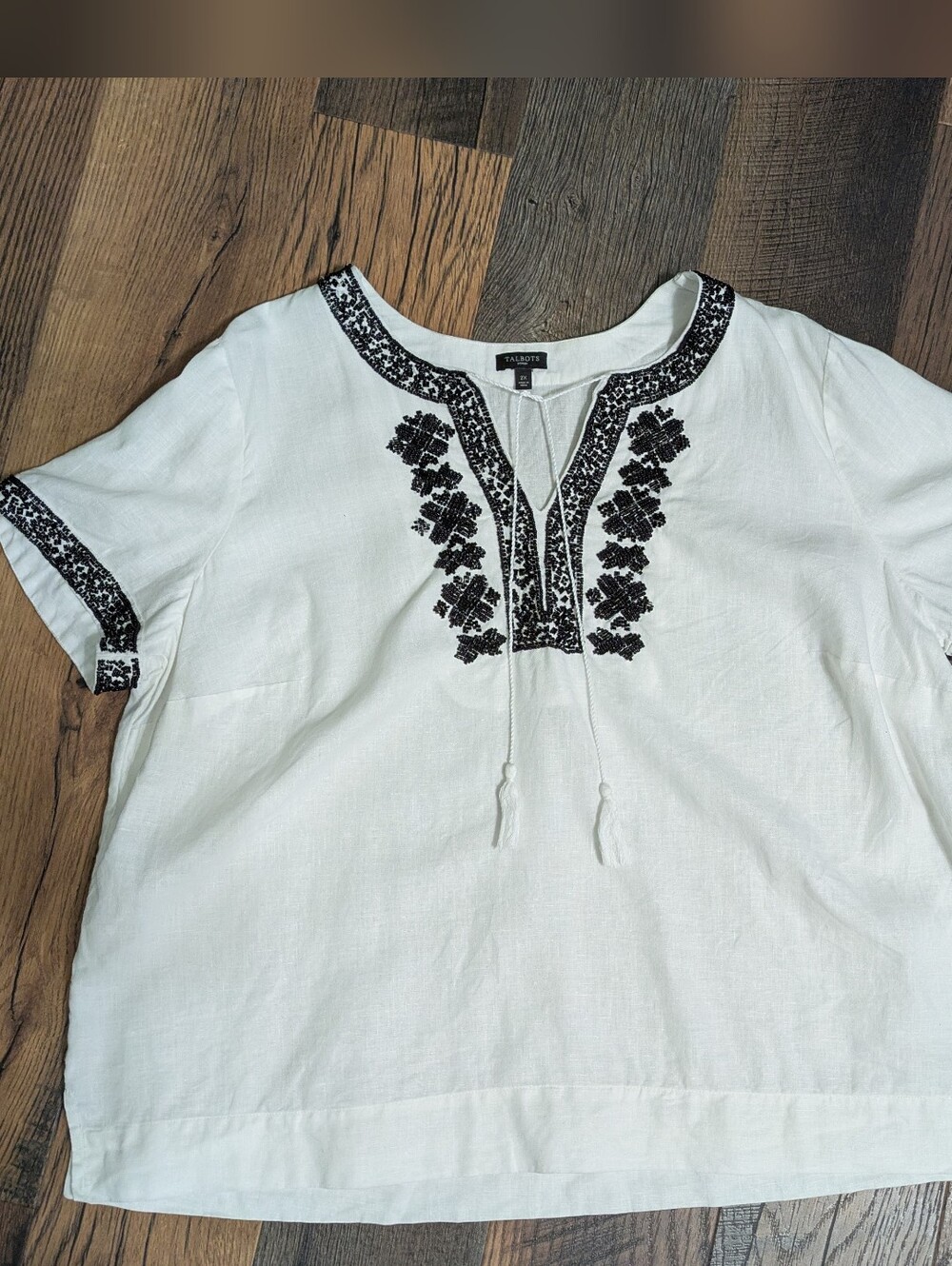 Talbots Woman 2X Linen Blouse White Black Beaded Embroidered Boho Tunic Shirt